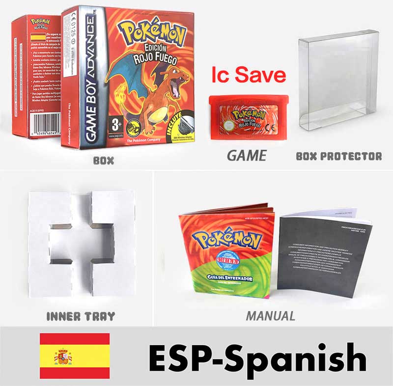 USA FRA NOE FRA IC SAVE Pokemon Emerald Ruby Firered Sapphire LeafGreen Sealed Box Tray Game Cartridge Manual for Gba