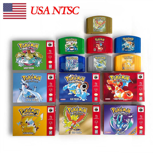 USA NTSC Pokemon Blue Crystal Red Silver Yellow Gold Green Game Cartridge 64 Bit Game Consoles with Retail Box for N64
