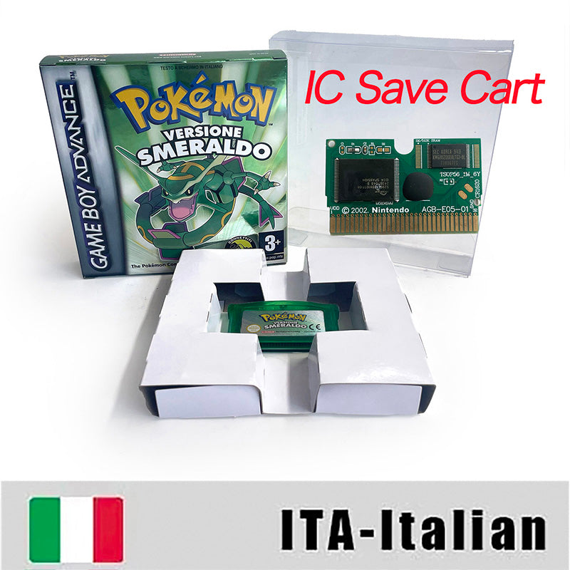 EUR ESP NOE FRA ITA IC save cart Nintendo Pokemon Emerald Ruby Leafgreen Sapphire Firered Metallic Holographic Box game cartridge for GBA