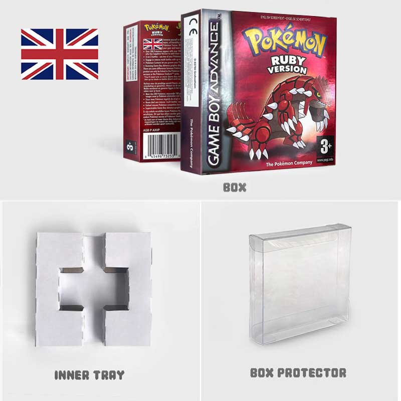 USA FRA NOE ESP ITA EUR Pokemon Emerald Sapphire Leafgreen Ruby Firered Metallic FoilFinish Box Trey Manual label for GBA