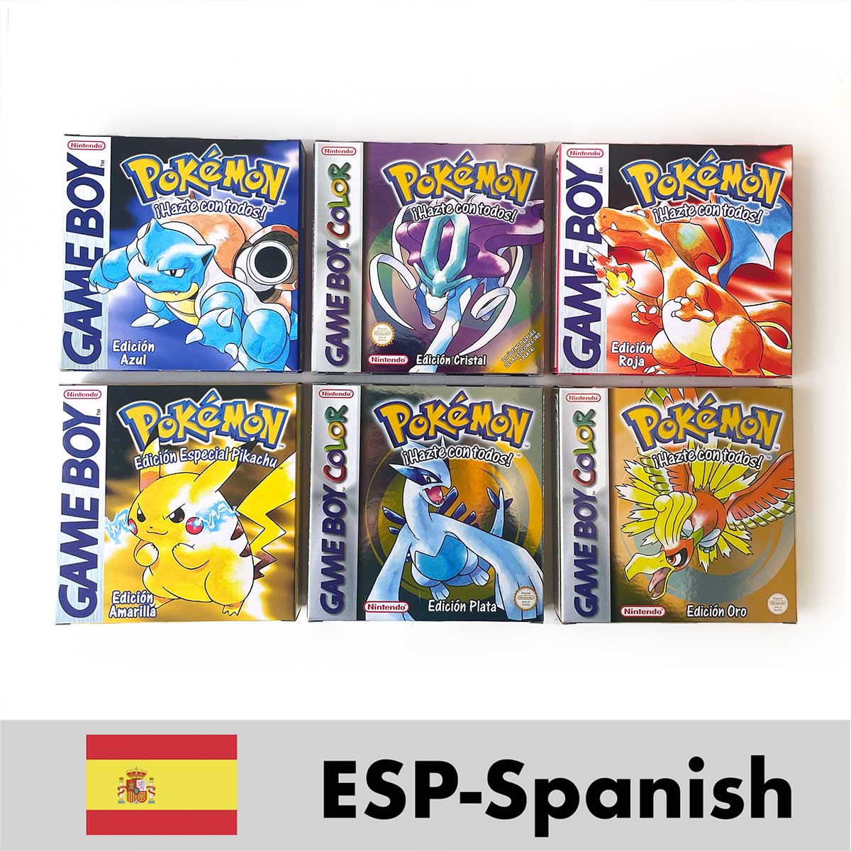 USA FRA NOE ESP ITA Pokemon Yellow Blue Red Crystal Silver Gold Green box and manual for GBC