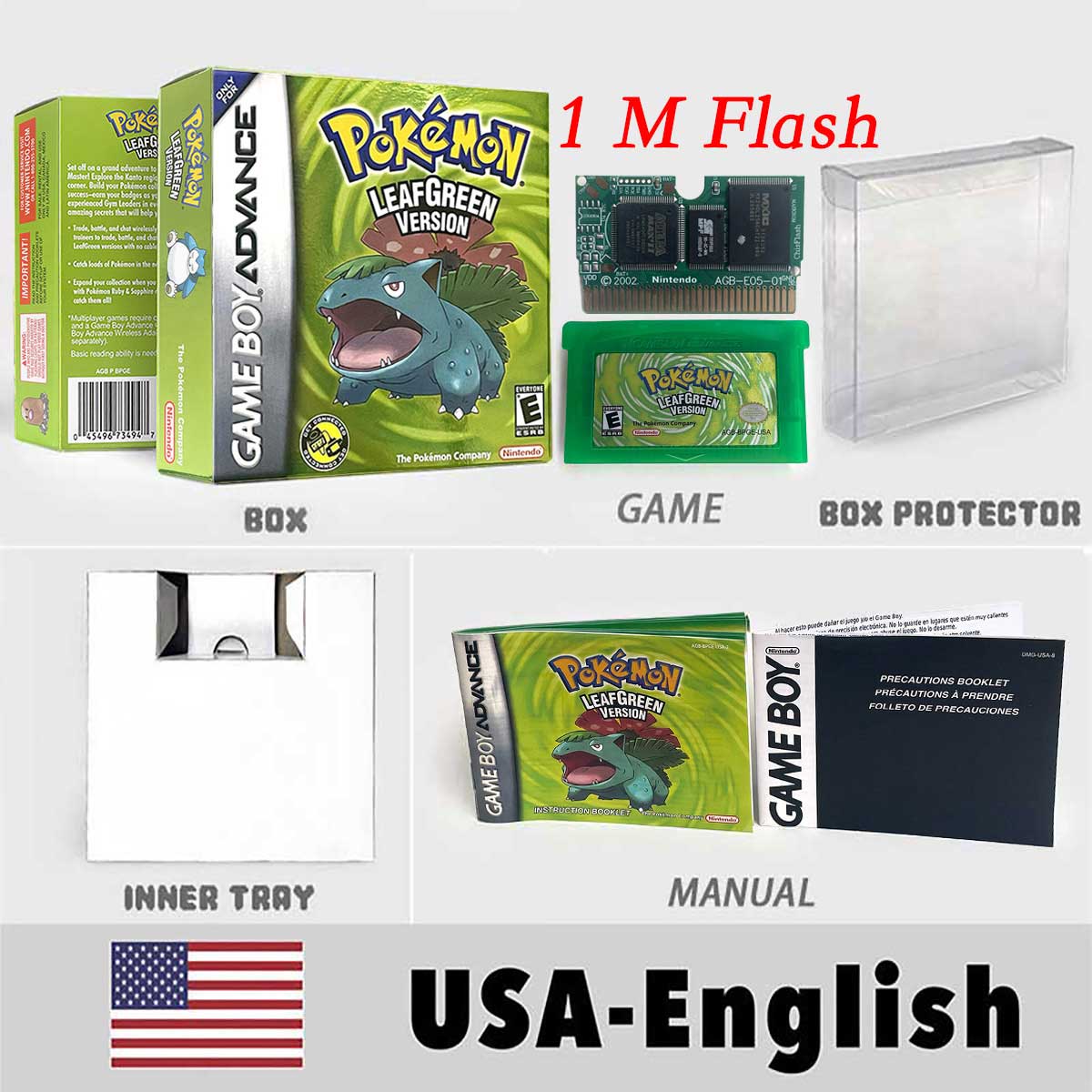 USA FRA NOE FRA RTC/1 M Flash CART pokemon sapphire ruby leafgreen emerald firered sealed box tray Game Cartridge manual for gba