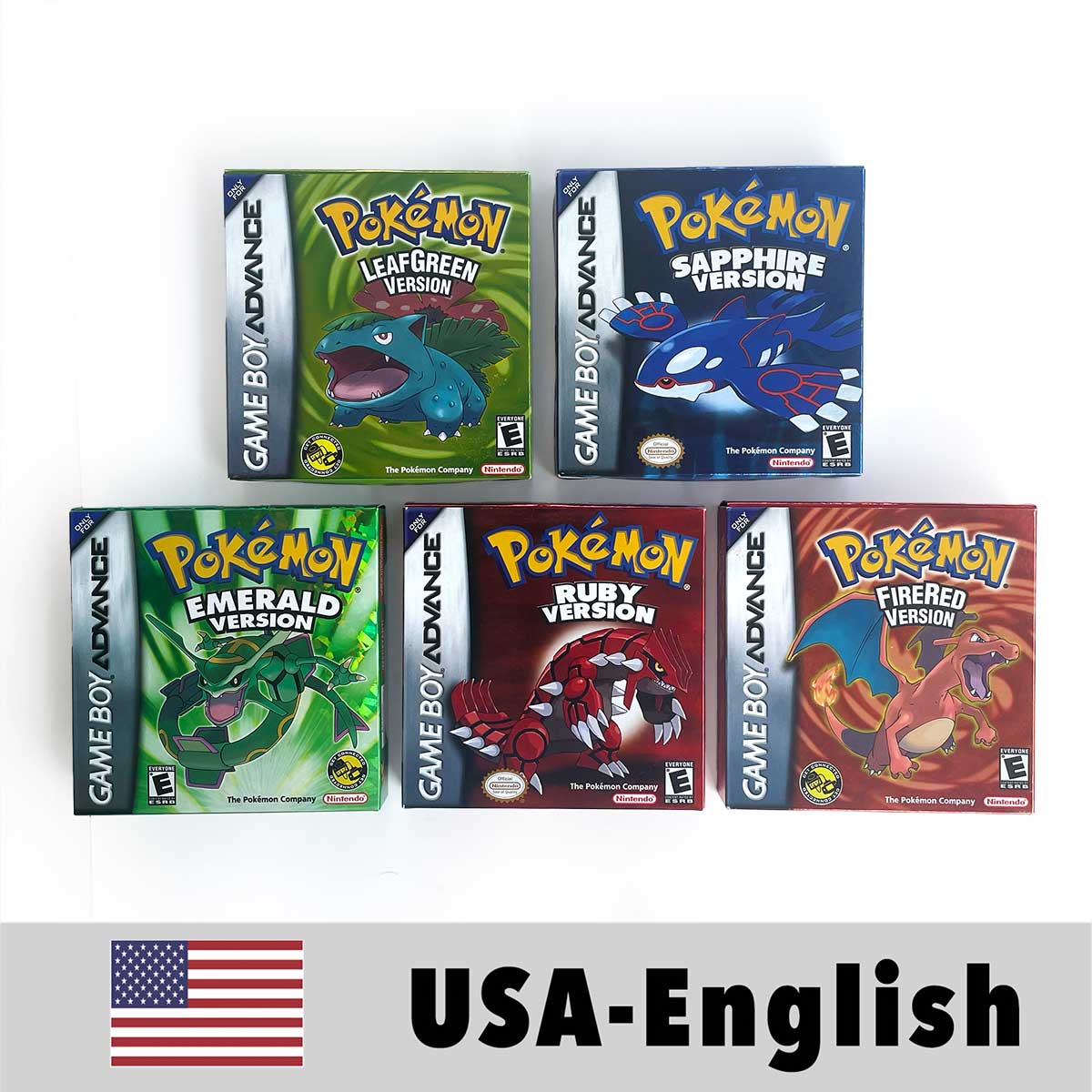 （Shipped from the United States) USA English IC Save Pokemon Emerald Sapphire Leafgreen Ruby Firered Metallic FoilFinish Box Trey Manual Game Cartridge for GBA