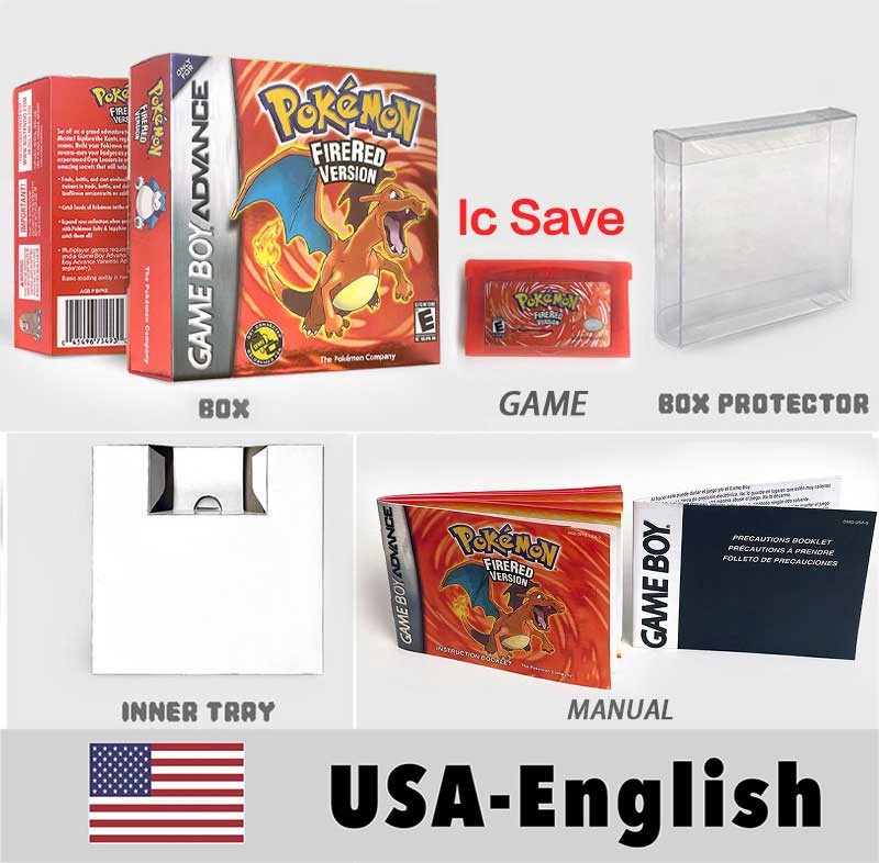 USA FRA NOE FRA IC SAVE Pokemon Emerald Ruby Sapphire LeafGreen Firered Sealed Box Tray Game Cartridge Manual for Gba