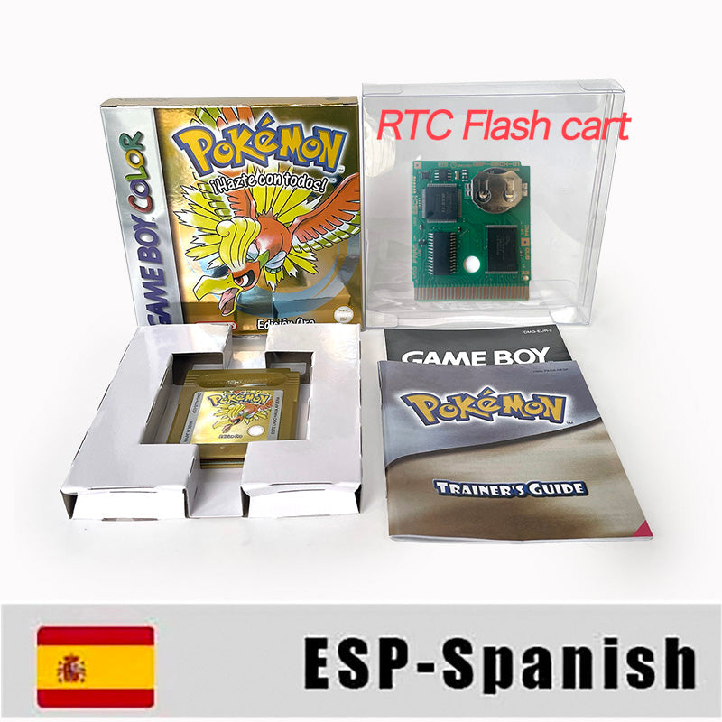 gbc game ESP Spanish pokemon gold version RTC Flash cart Battery save pokemon oro cartridge with tray box game boy color