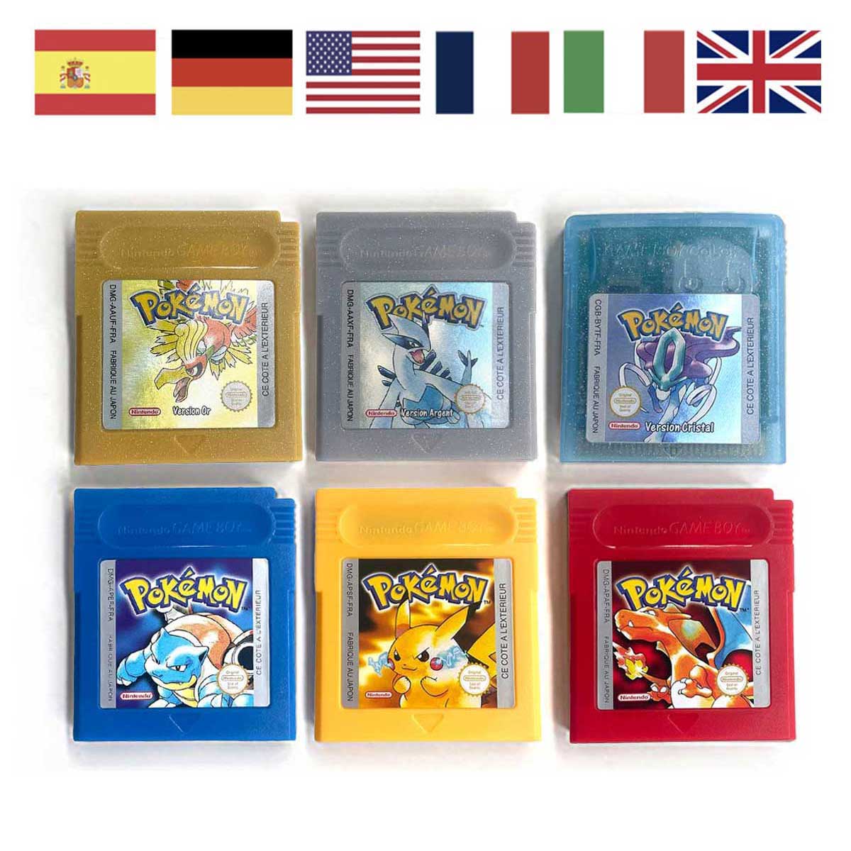 USA ITA NOE FRA ESP pokemon RTC Gold silver crystal NO RTC yellow red blue sealed 16 bit box tray manual Game Cartridge for GBC