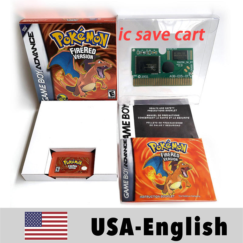 （Shipped from the United States) USA English IC Save Pokemon Emerald Sapphire Leafgreen Ruby Firered Metallic FoilFinish Box Trey Manual Game Cartridge for GBA