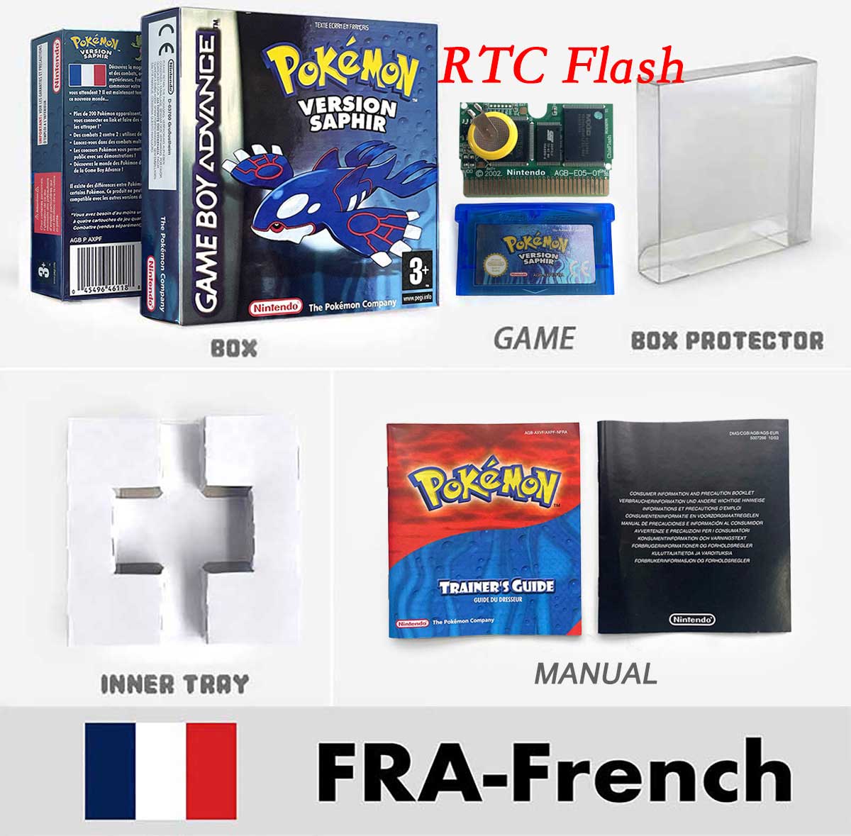 USA FRA NOE FRA RTC/1 M Flash CART pokemon sapphire ruby leafgreen emerald firered sealed box tray Game Cartridge manual for gba