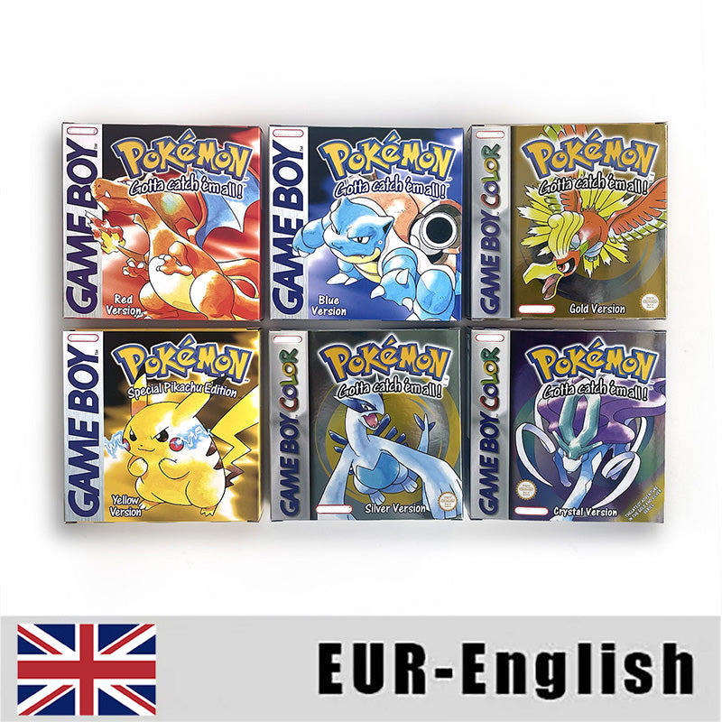 Battery Save pokemon yellow blue red crystal silver gold green USA EUR FRA ESP NOE ITA Game Cartridge with box for GBC
