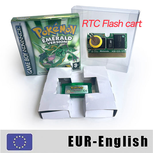 EUR English IC save rtc flash cart Real Time Clock pokemon emerald version box with tray Nintendo game cartridge for gba