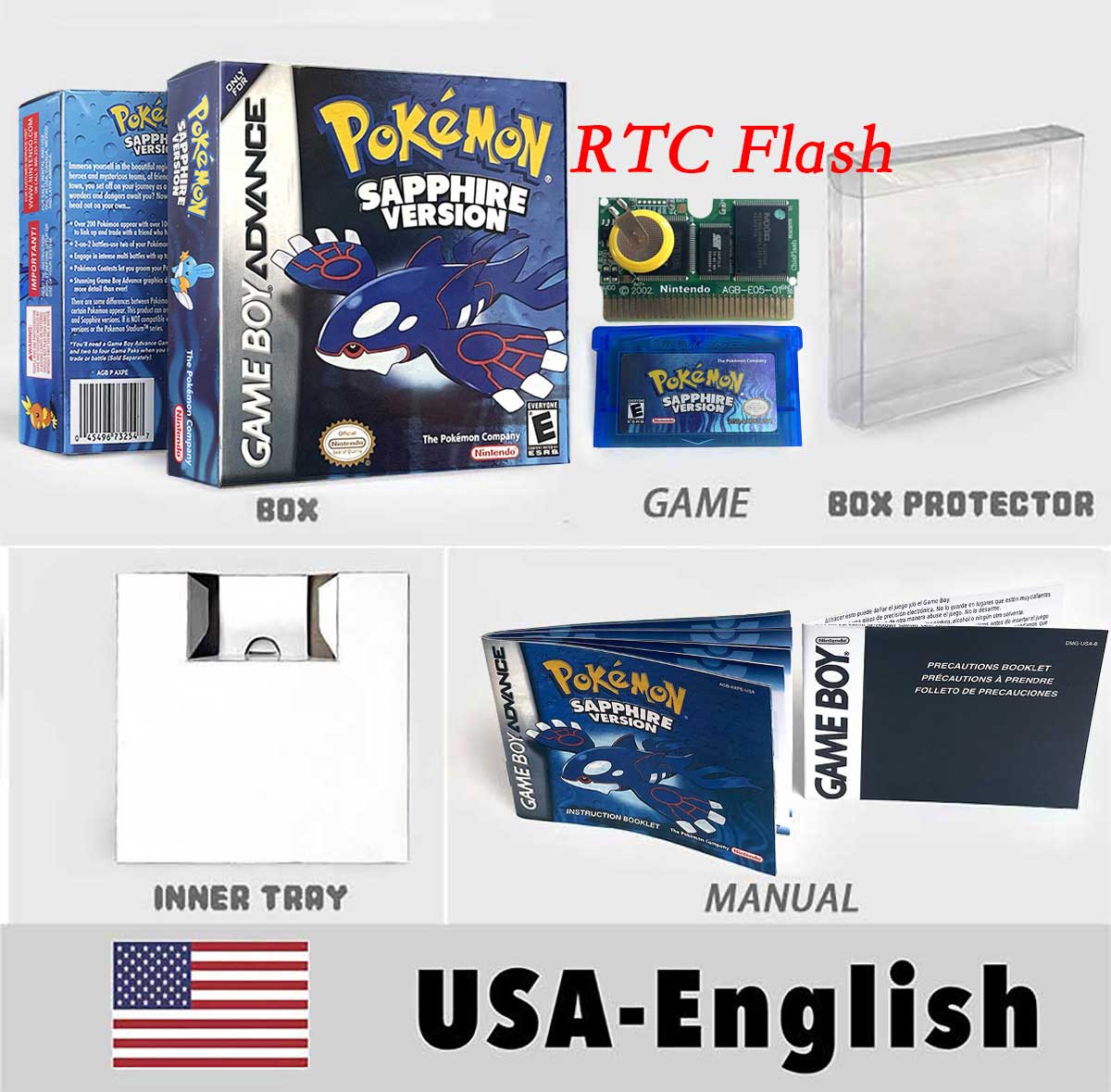 USA FRA NOE FRA RTC/1 M Flash CART pokemon sapphire ruby leafgreen emerald firered sealed box tray Game Cartridge manual for gba