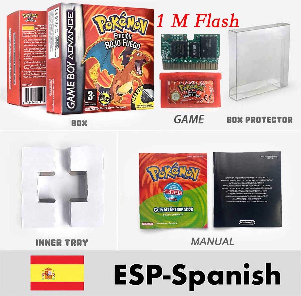 USA FRA NOE FRA RTC/1 M Flash CART pokemon sapphire ruby leafgreen emerald firered sealed box tray Game Cartridge manual for gba