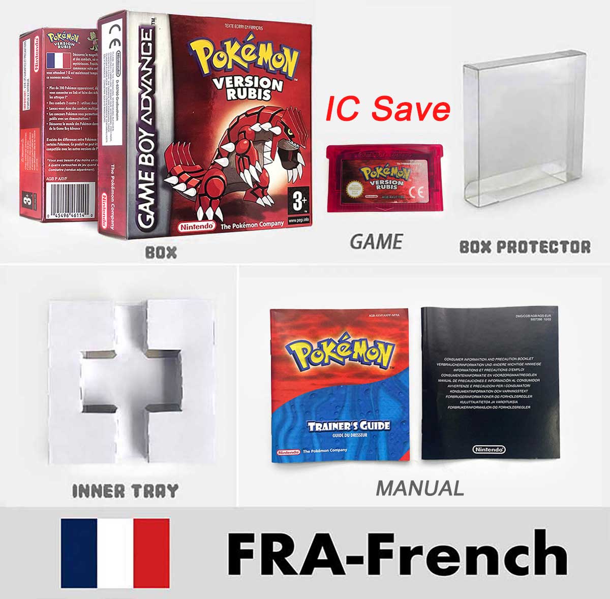 USA FRA NOE FRA IC SAVE Pokemon Emerald Ruby Firered Sapphire LeafGreen Sealed Box Tray Game Cartridge Manual for Gba