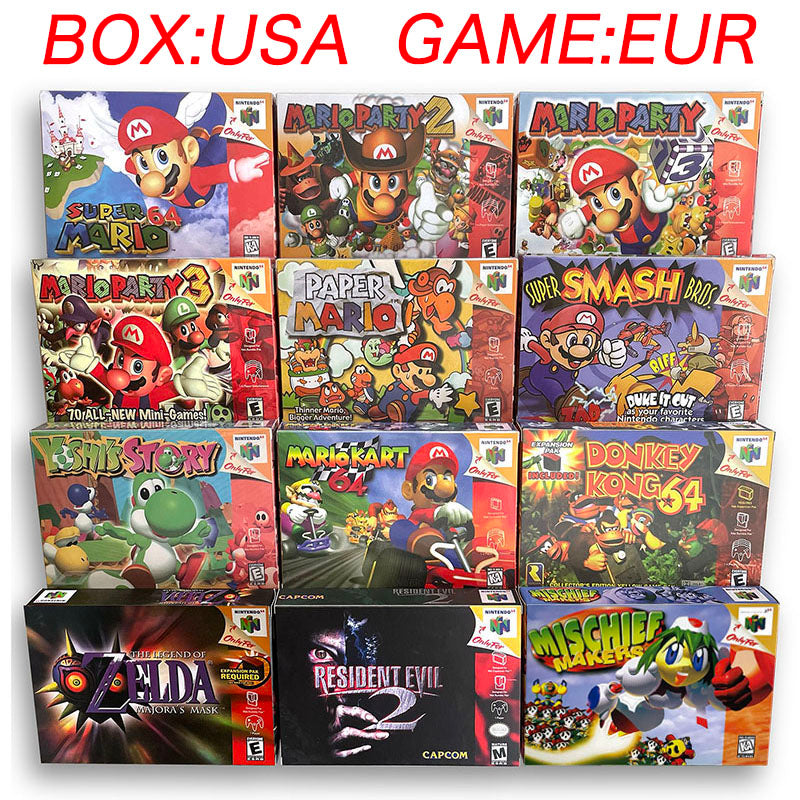 EUR PLA Version English Zelda Major Mask Resident Evil 2 Banjo Kazooie Mario Party 2 Game Cartridge with Tray Box for N64 Nintendo 64