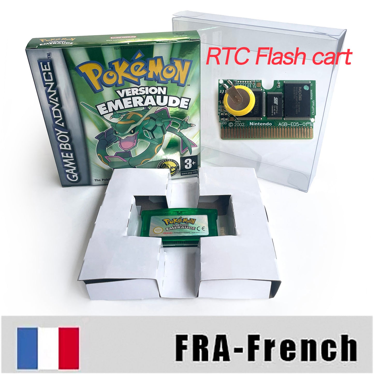 FRA French IC save rtc flash cart Real Time Clock pokemon emerald version box with tray Nintendo game cartridge for gba game boy advance