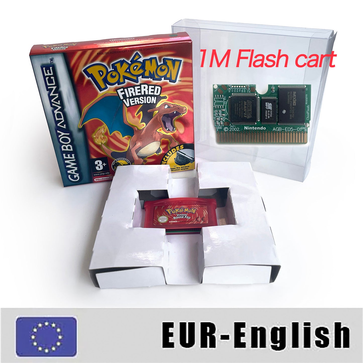 EUR English IC save 1 M flash cart pokemon firered version box with tray Nintendo game cartridge for gba game boy advance