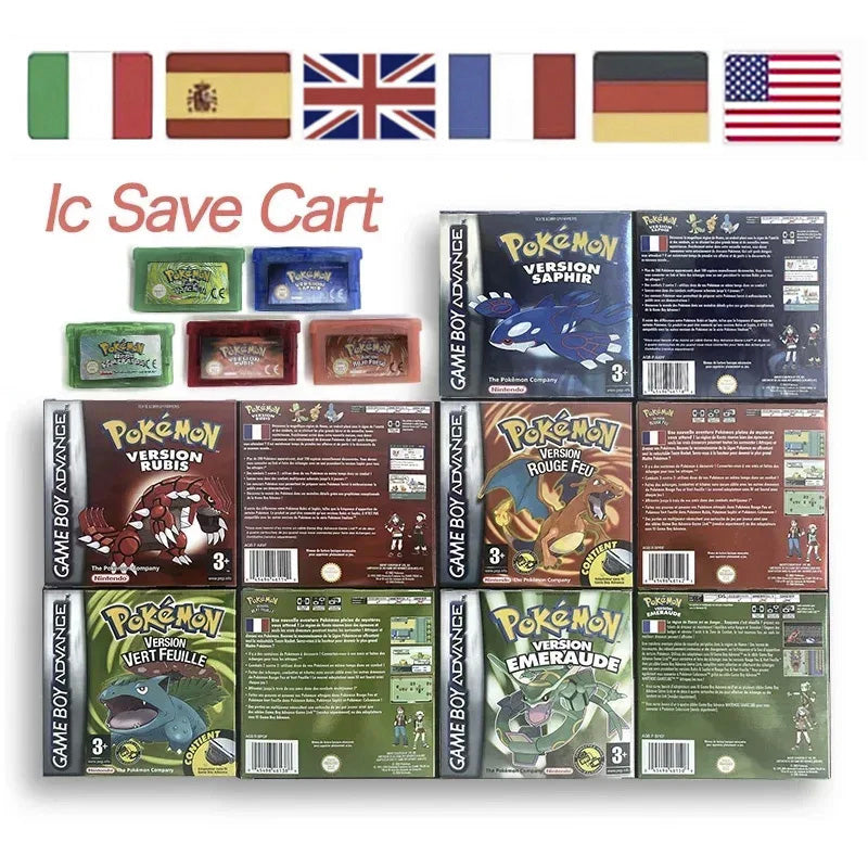 EUR ESP NOE FRA ITA IC save cart Nintendo Pokemon Emerald Ruby Leafgreen Sapphire Firered Metallic Holographic Box game cartridge for GBA