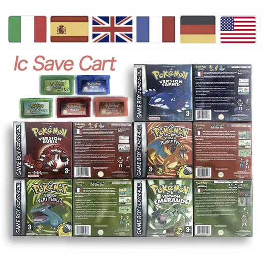 EUR ESP NOE FRA ITA IC save cart Nintendo Pokemon Emerald Ruby Leafgreen Sapphire Firered Metallic Holographic Box game cartridge for GBA