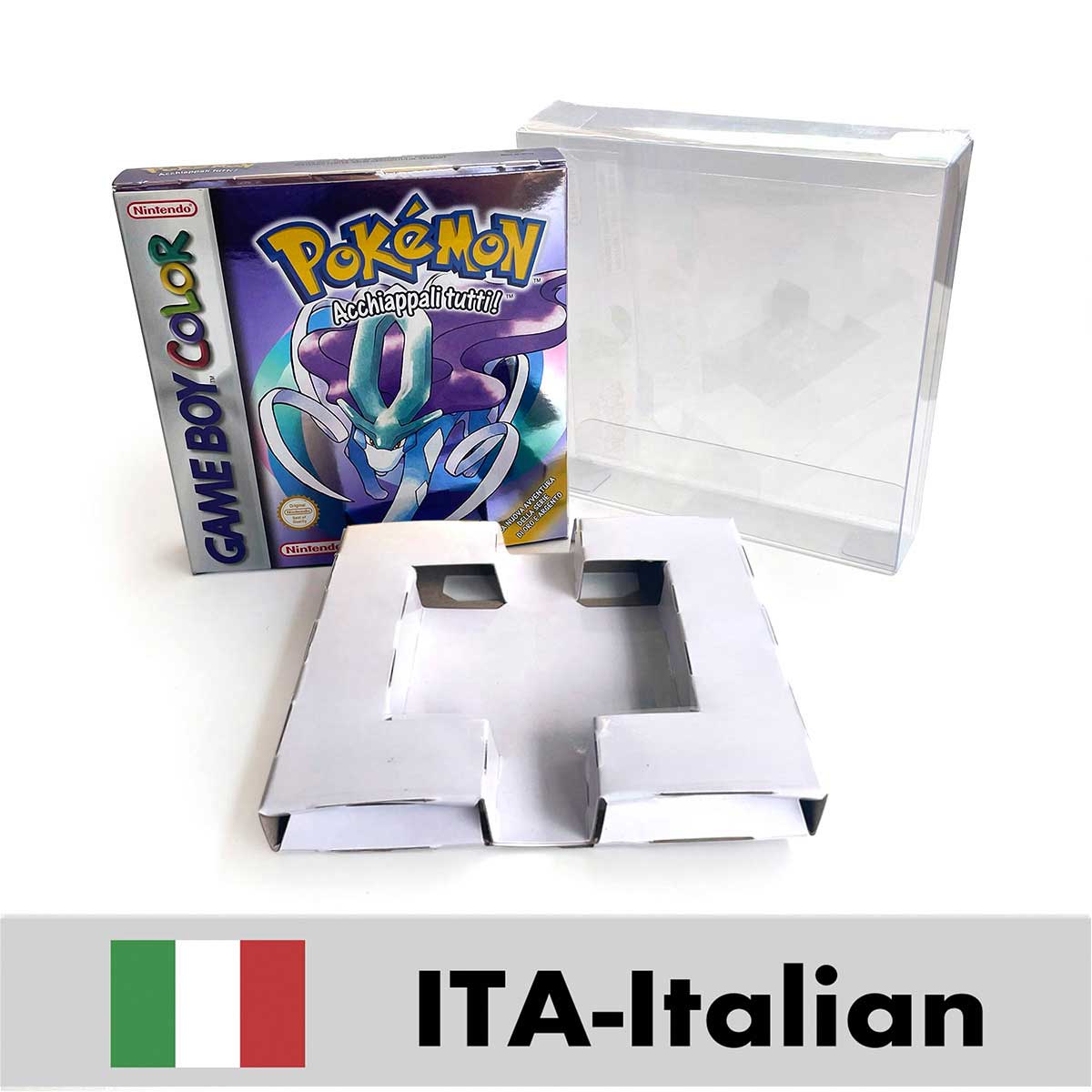 USA FRA NOE ESP ITA EUR Pokemon crystal gold silver red blue yellow Metallic FoilFinish Box Trey Manual label for GBC
