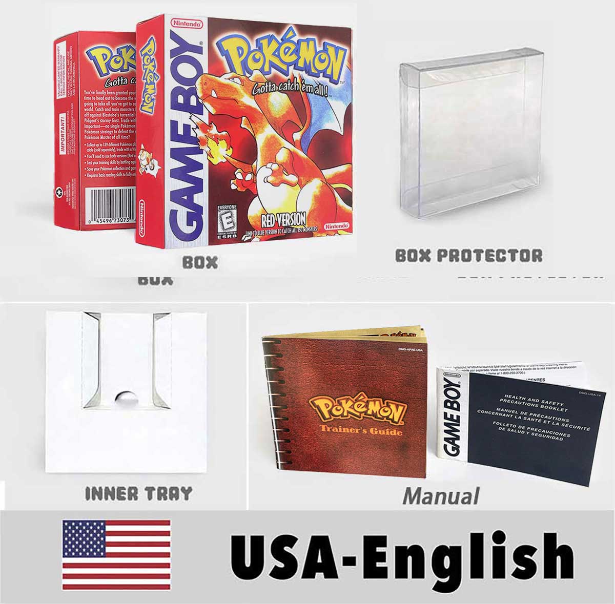 USA FRA NOE ESP ITA Pokemon Yellow Blue Red Crystal Silver Gold Green box and manual for GBC