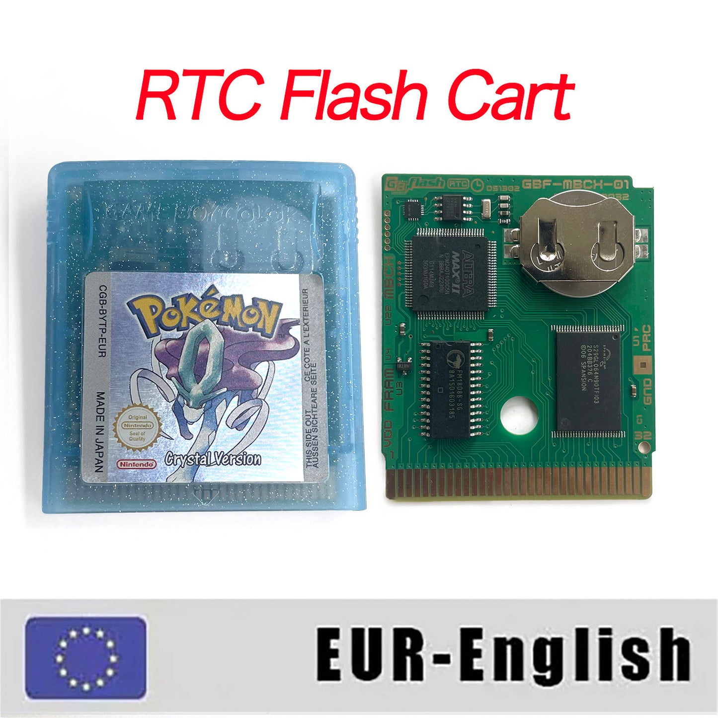 GBC game EUR english pokemon crystal version RTC Flash cart Battery save Nintendo cartridge tray box game boy color