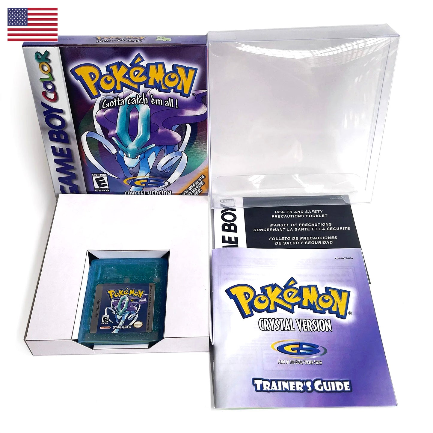 USA Pokemon Crystal English Version Battery Save RTC Flash Cart IC Save Manual Cartridge with Tray Box for Gbc Game Boy Color