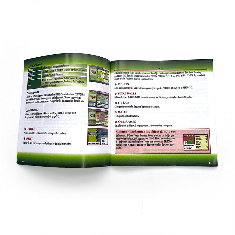 USA FRA NOE FRA ESP Pokemon Leaf Green Fire Red Ruby Emerald Sapphire Game Cartridge manual for Gba