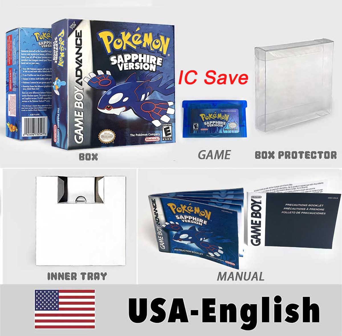 USA FRA NOE FRA IC SAVE Pokemon Emerald Ruby Firered Sapphire LeafGreen Sealed Box Tray Game Cartridge Manual for Gba