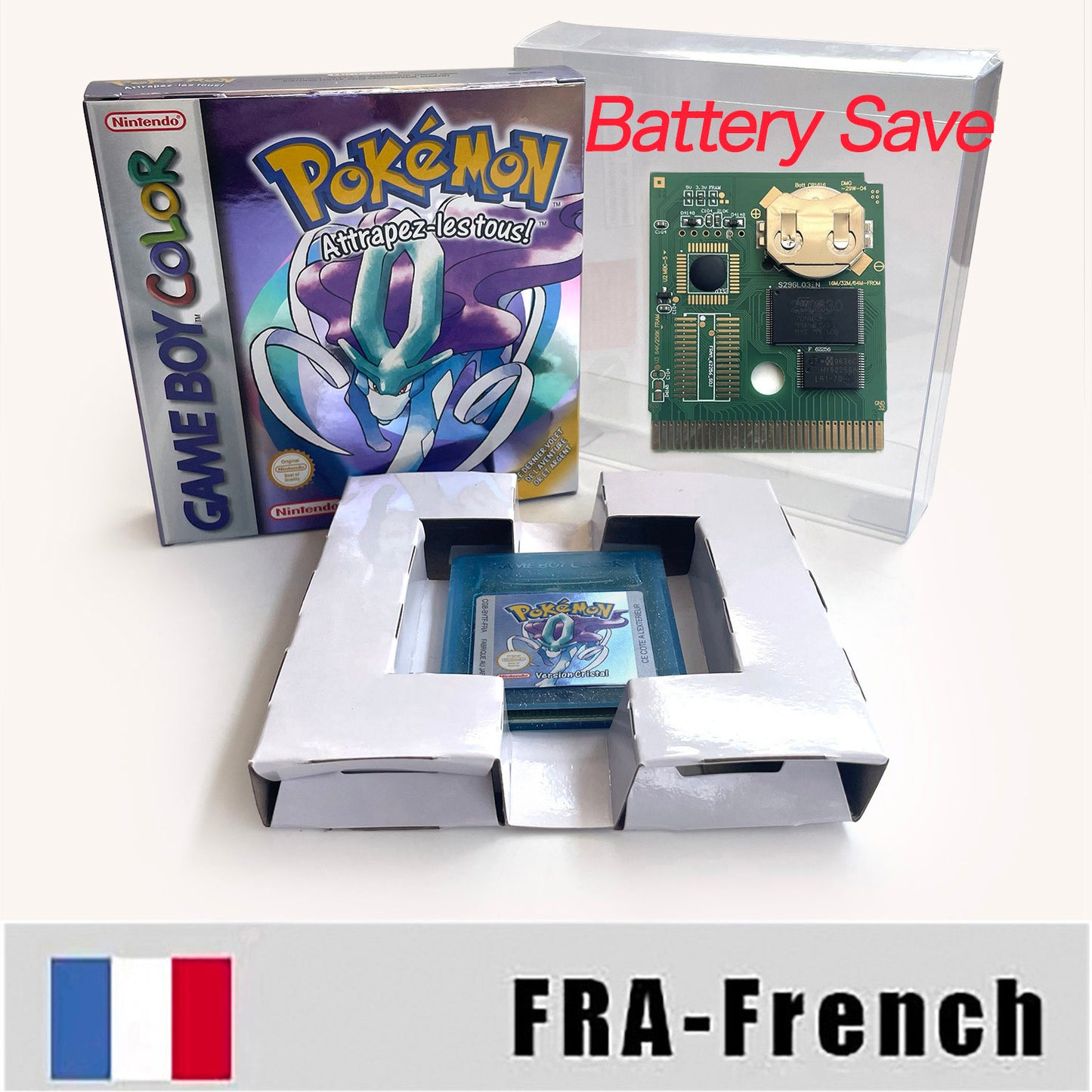GBC game FRA French pokemon crystal version RTC Flash cart Battery save Nintendo pokemon cristal cartridge tray box game boy color
