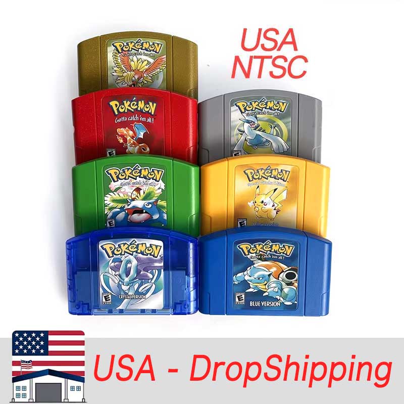 （Shipped from the United States) USA NTSC Pokemon blue/crystal /red silver /yellow /gold /green Game Cartridge 64 Bit Game Consoles for N64