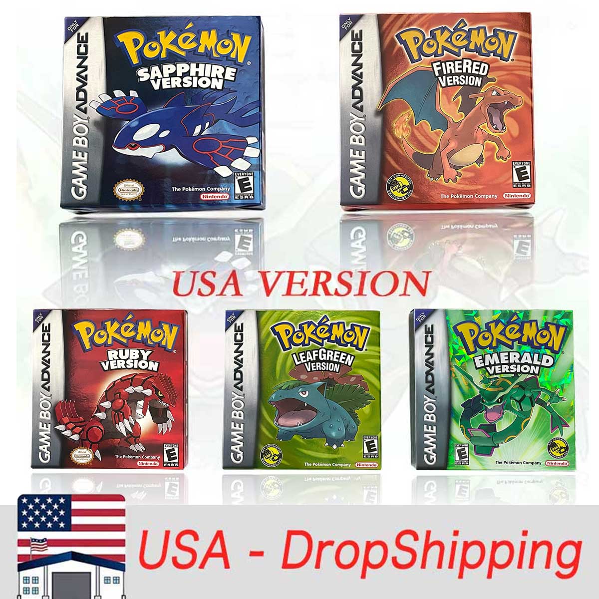 （Shipped from the United States) USA English IC Save Pokemon Emerald Sapphire Leafgreen Ruby Firered Metallic FoilFinish Box Trey Manual Game Cartridge for GBA
