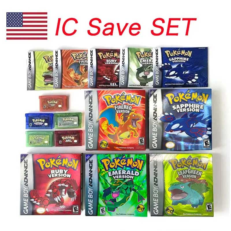 （Shipped from the United States) USA English IC Save Pokemon Emerald Sapphire Leafgreen Ruby Firered Metallic FoilFinish Box Trey Manual Game Cartridge for GBA
