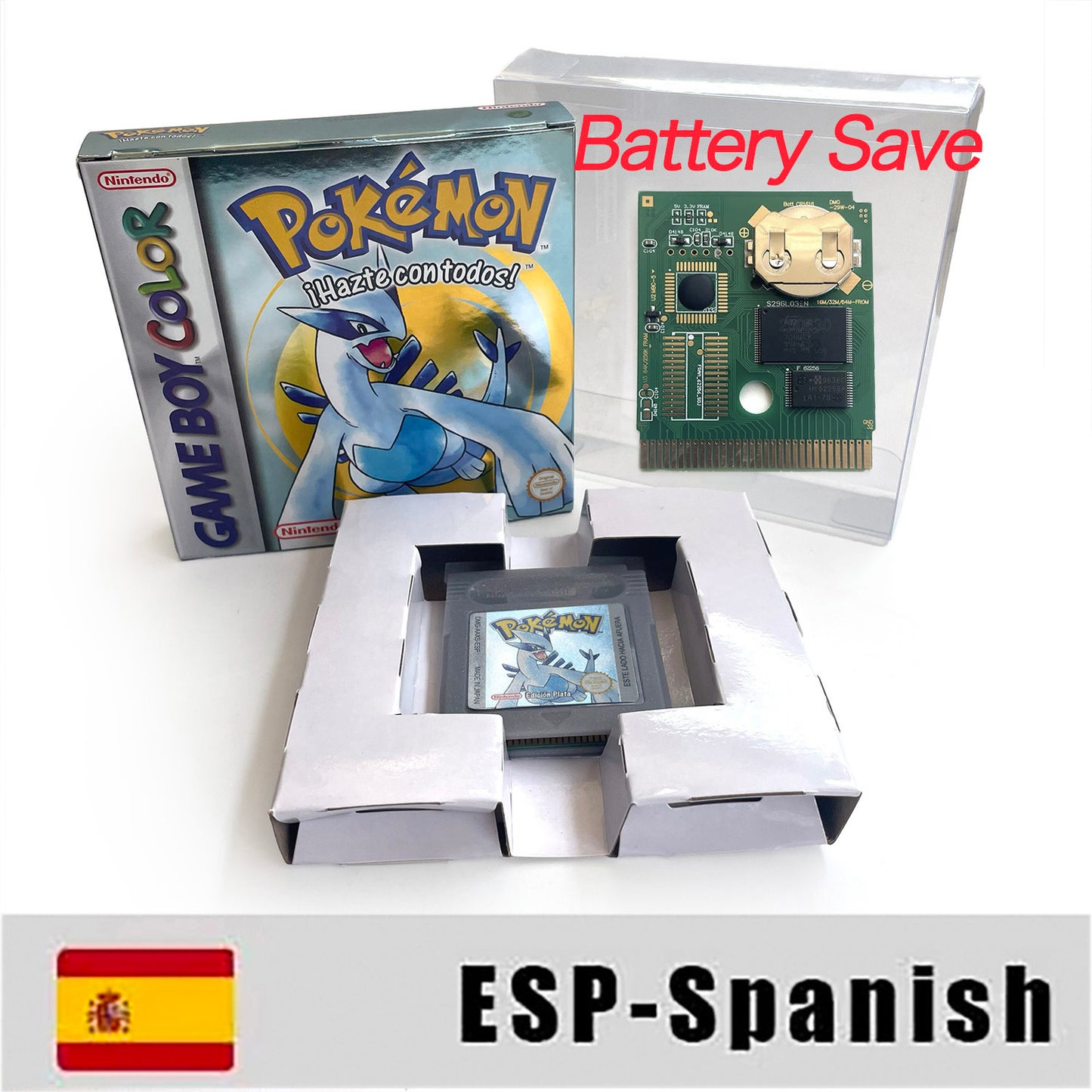 GBC game ESP Spanish pokemon silver version RTC Flash cart Battery save Nintendo pokemon plata cartridge tray box game boy color